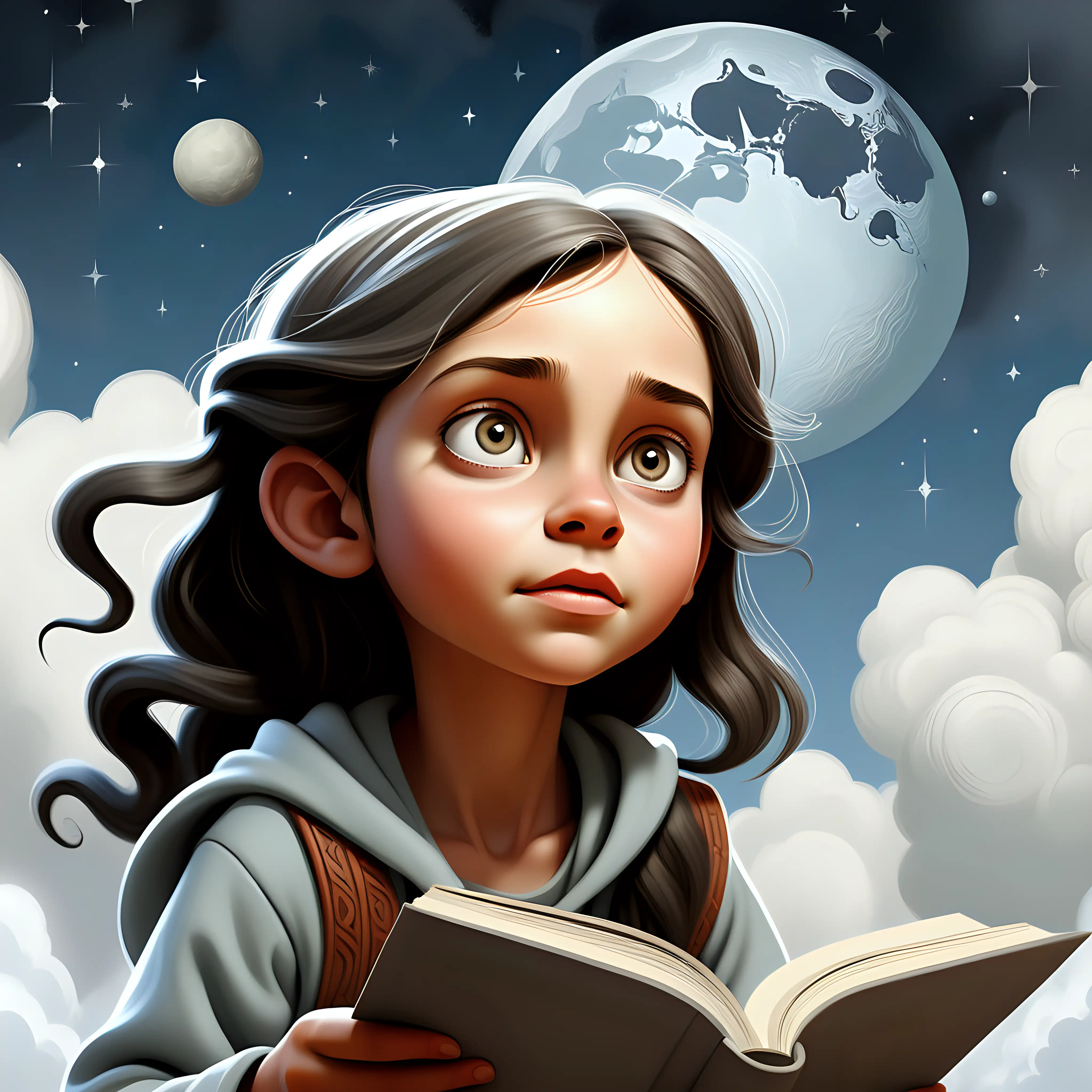 10 year-old girl who looks like Joslyn Arwen Reed, in the sky looking at ater tumti, children's picture book, illustration, on a white background
