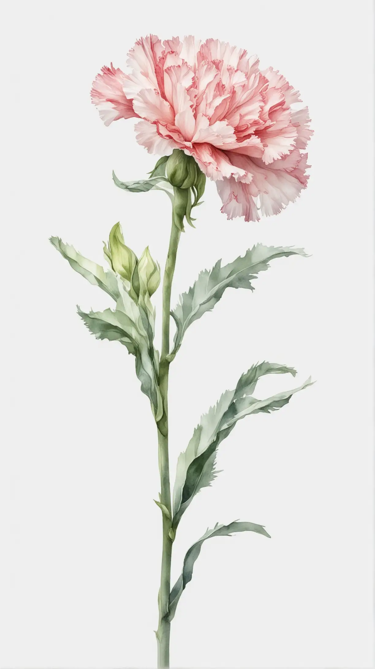 a single carnation flower in the style of water color pseudo, white background --ar 9:16