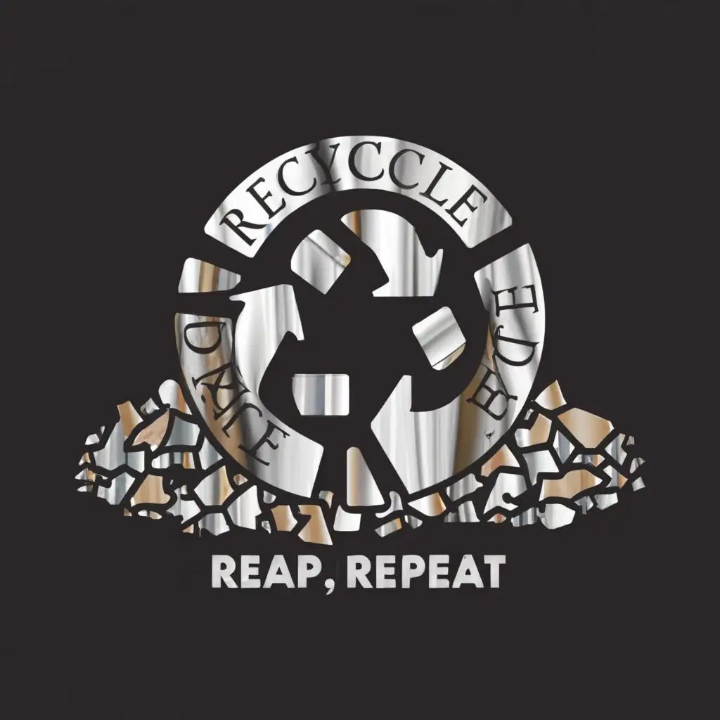 a logo design,with the text "Recycle, Reap, Repeat", main symbol:various metals on a desert floor with the recycling symbol encompassing the desert using silver as some color in the logo,Moderate,clear background
