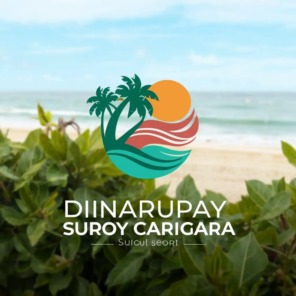 a logo design, with the text   { Dinarupay  Suroy  Carigara}, main symbol: Beach resort in circle, complex, clear background