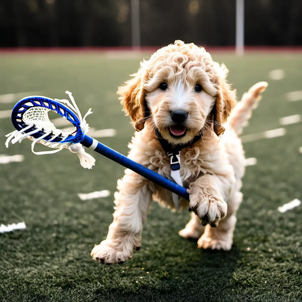golden doodle puppy playing locrosse with locrosse stick
on feld