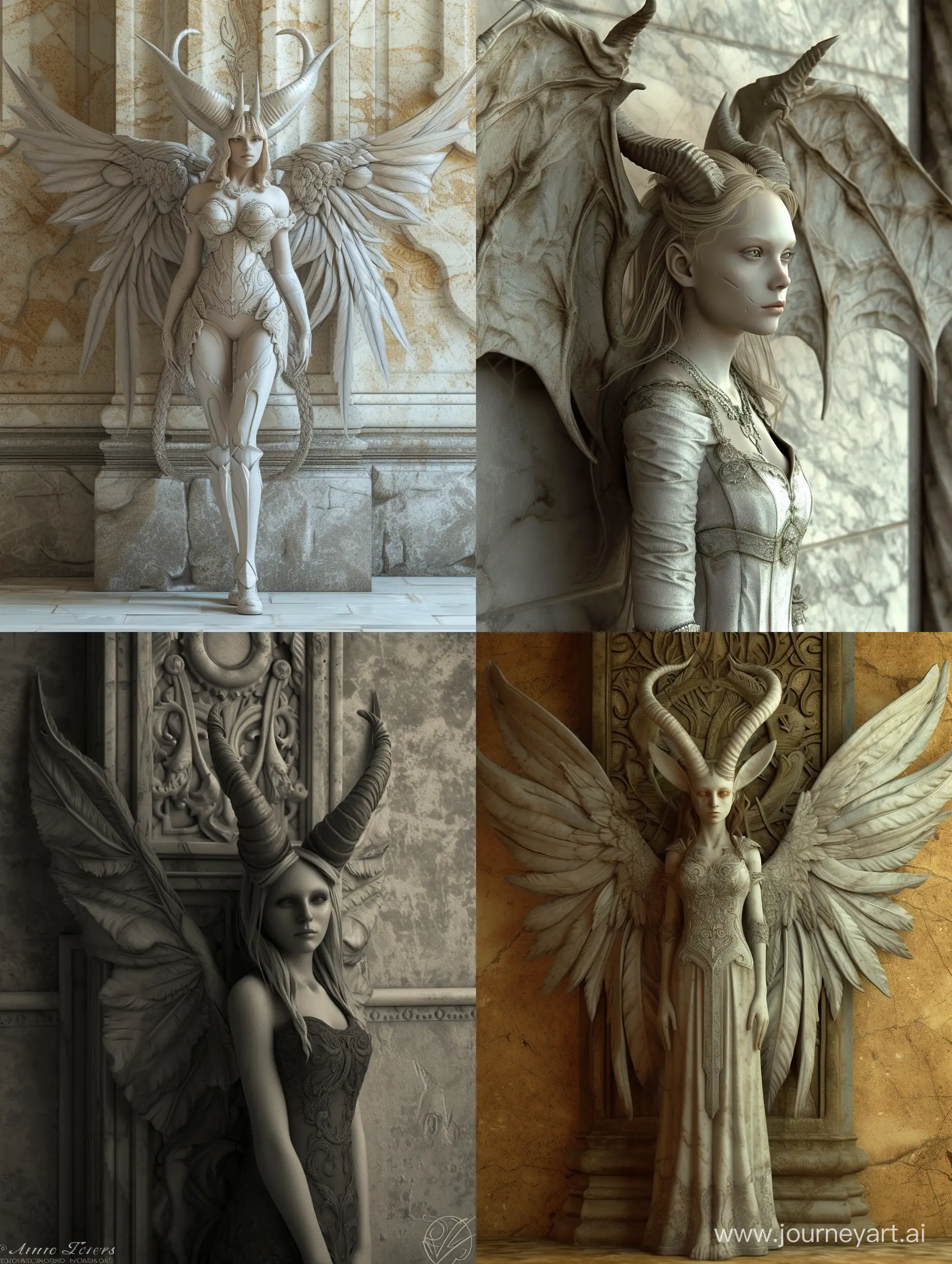 a woman with horns and wings standing in front of a wall, a marble sculpture by Anne Stokes, deviantart contest winner, gothic art, daz3d, apocalypse art, goth