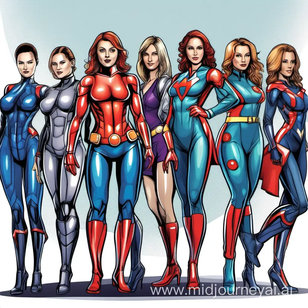 Нарисуй мне команду девушек - супергероев, которые работают HR и специалистами по обуению 

Возраст 35+ 
Разная внешность и волосы, славянская расса 

Команда этих девушек отправляется изучать искусственный интеллект 
