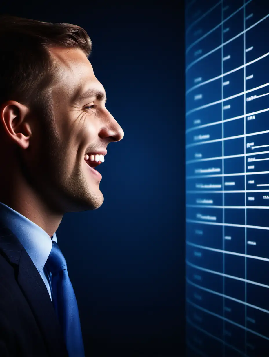 professional photo of a happy male sales representative looking at sales pipeline. the head is photographed from the side. with reflection. dark blue theme.