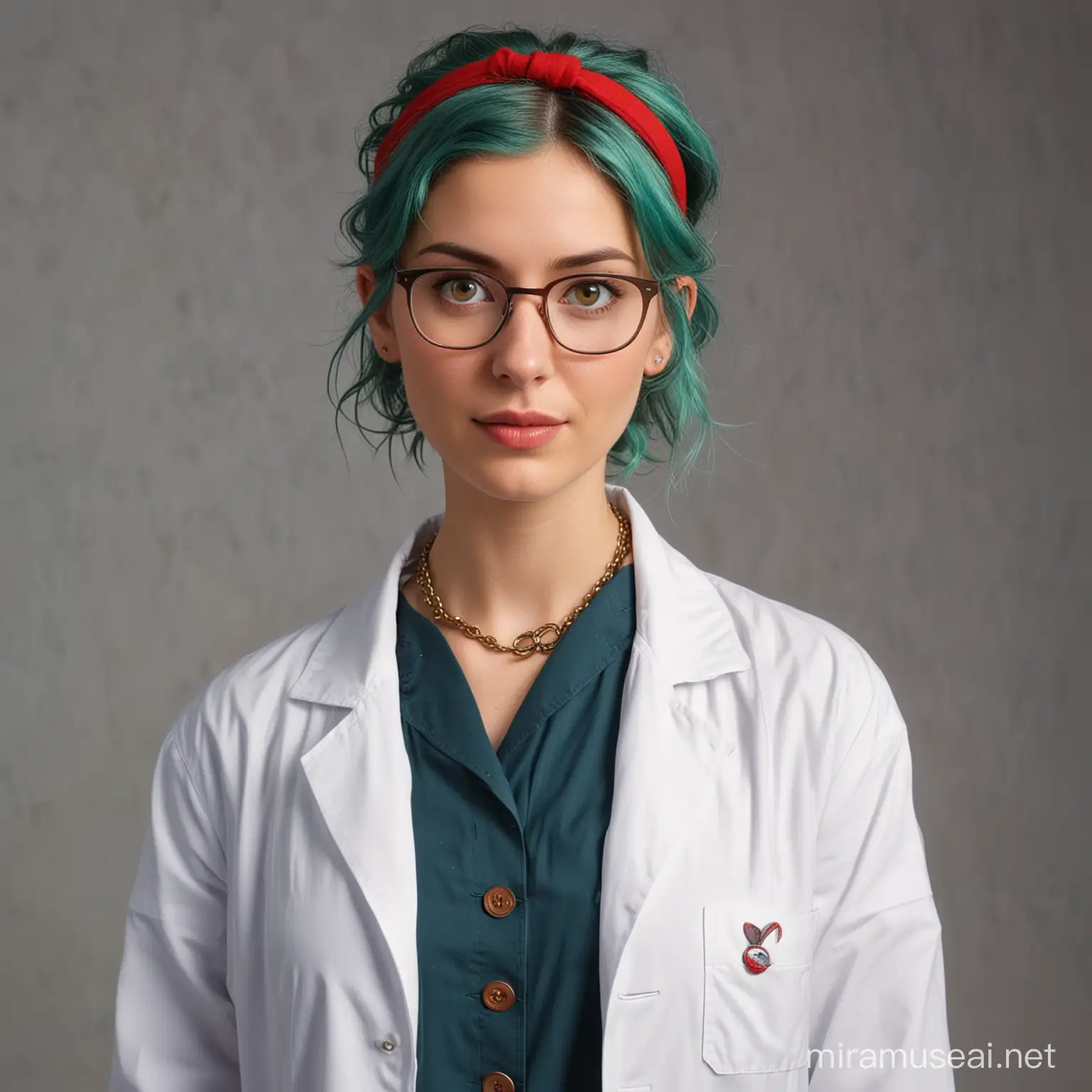 slender woman with medium-length, wavy, green hair that is pulled back by a red headband. She has green eyes and two moles under her right eye.

wears a blue shirt, a khaki skirt, a pair of brown shoes, and a white lab coat. She also wears eyeglasses with a chain connecting them so they can hang around her neck.