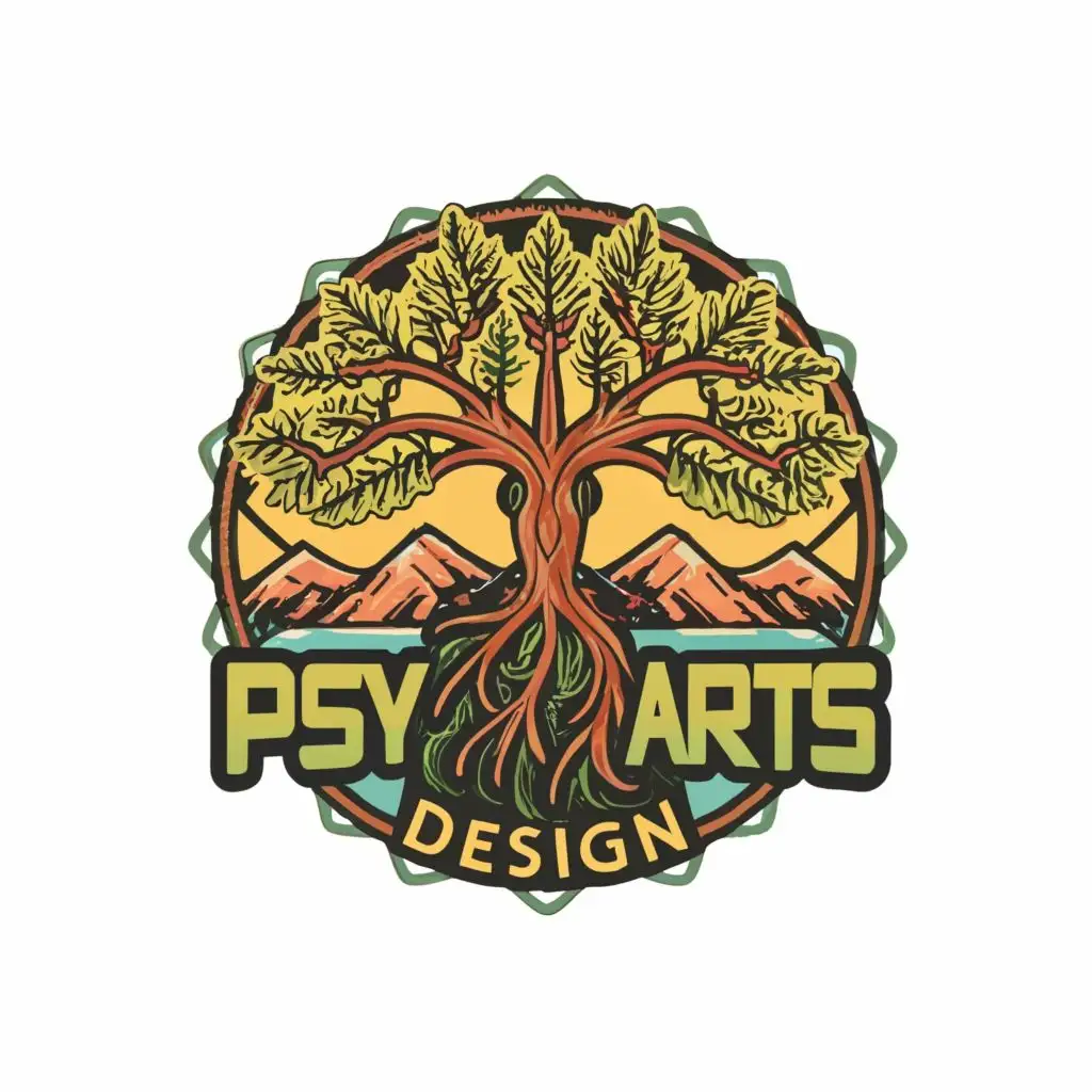 logo, tree of life mountain background, with the text "Psy Arts Design", typography, be used in Entertainment industry