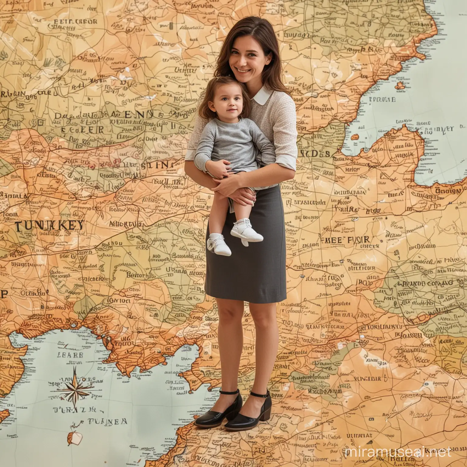 a woman stand on the Turkey map. She is hugging her 6 years daughter front of the map. Her clothes are formal looking formal. She is friendly and sincere.