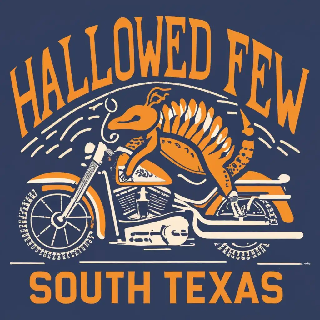 logo, armadillo riding a Harley Davidson in Texas viewed from the front, with the text "Hallowed Few South Texas", typography exact words used