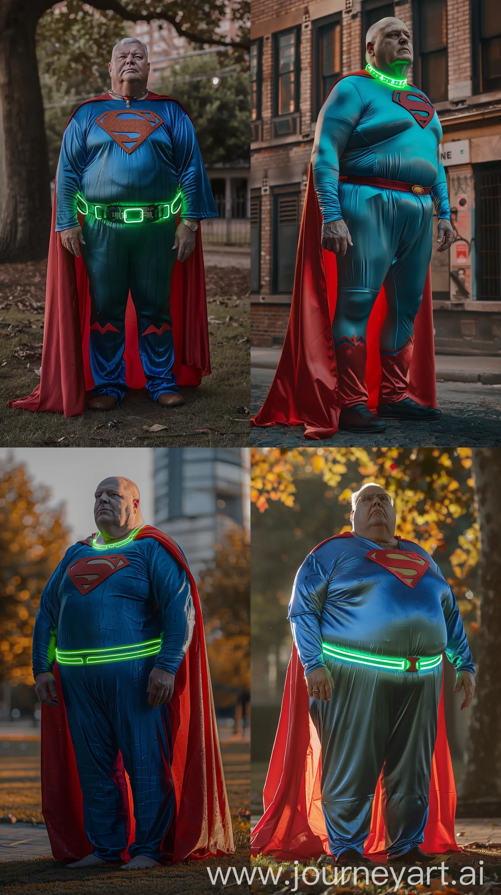 Full body photo of a fat man aged 60 wearing a drenched tight silk blue superman uniform with a red cape and tight green glowing neon dog collar. Outside. Natural light --style raw --ar 9:16