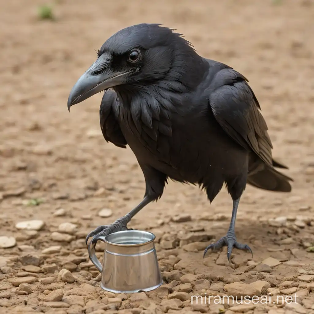 [A crow hops along the parched ground, its beak dry and empty. It stops beside a shallow, empty pitcher lying on its side.]
