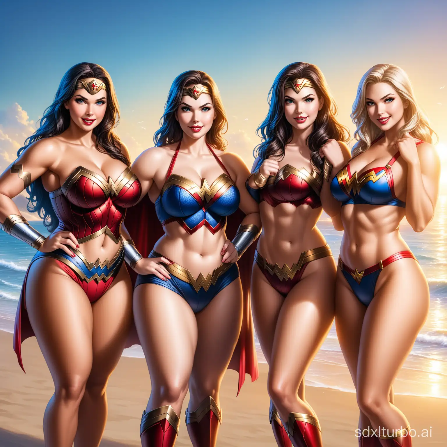 wonder woman, cat woman, supergirl and harley queen all four girls are in beach, wearing bikini, huge breast, sexy thick body, smiling and looking in the camera for the photoshoot, soft light, hyper realistic