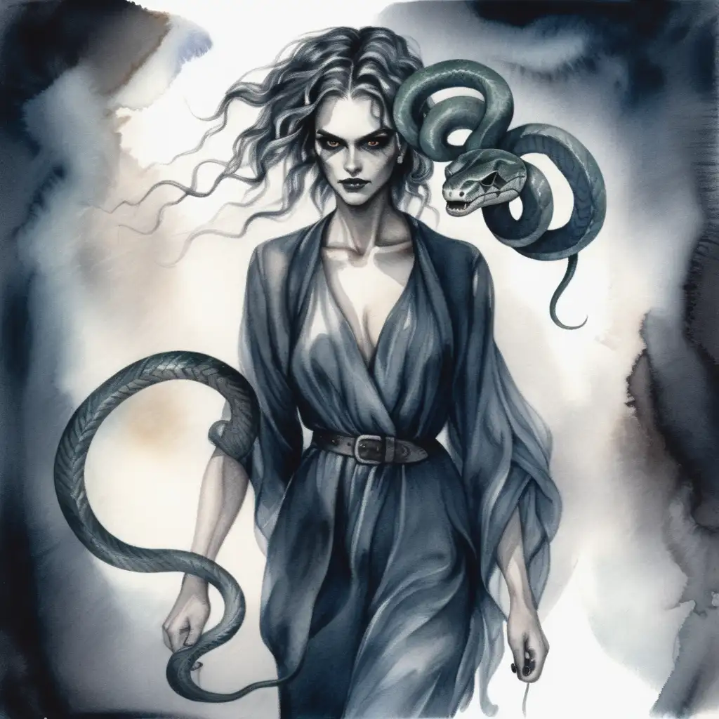 evil fantasy woman with snake hair walking, dark watercolor drawing, no background