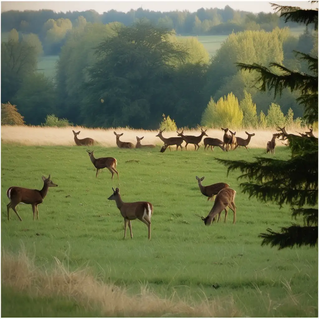 Sunny Day Grazing Beautiful Herd of Deer in a Picturesque Field