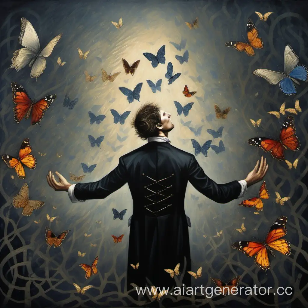 Gothic-Elegance-Man-Releasing-Butterflies-in-a-Stunning-Painting