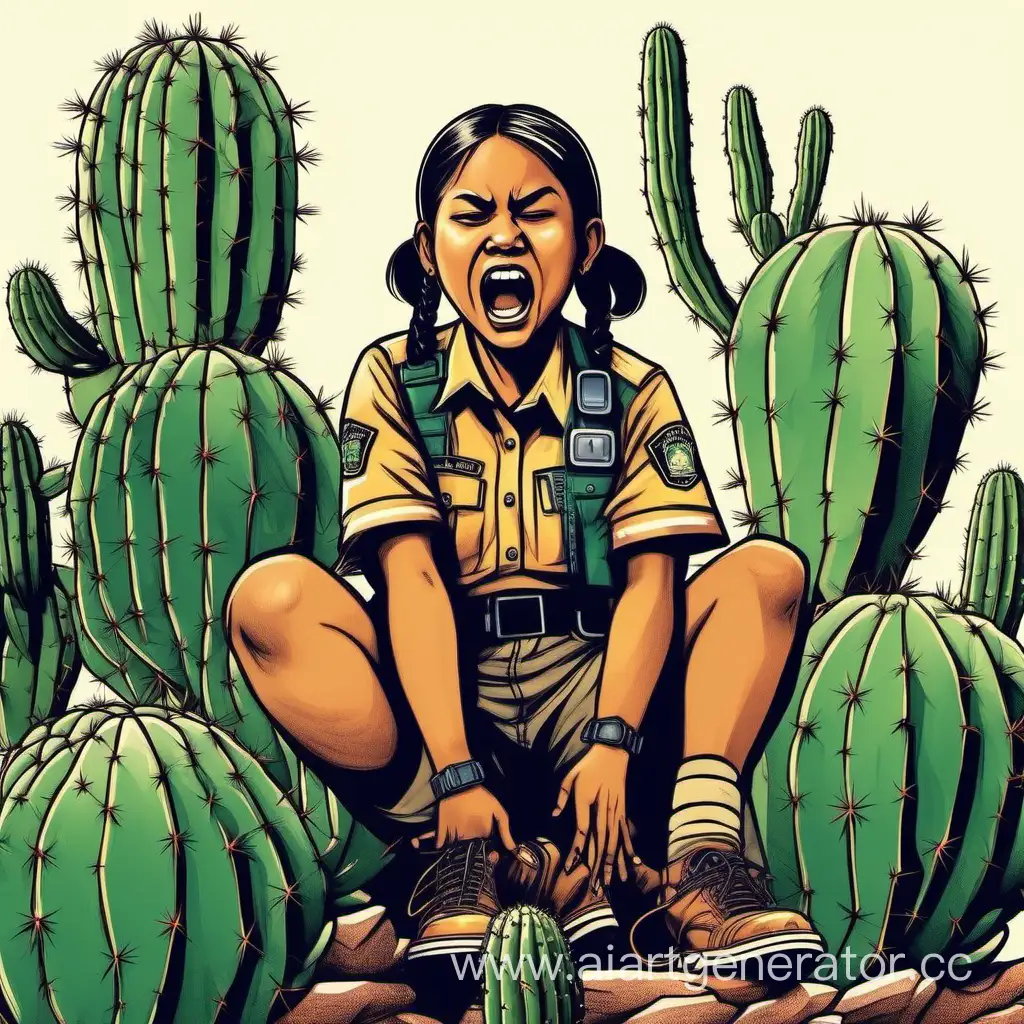 Indigenous-Girl-Park-Ranger-Sitting-on-Cactus-in-Distress