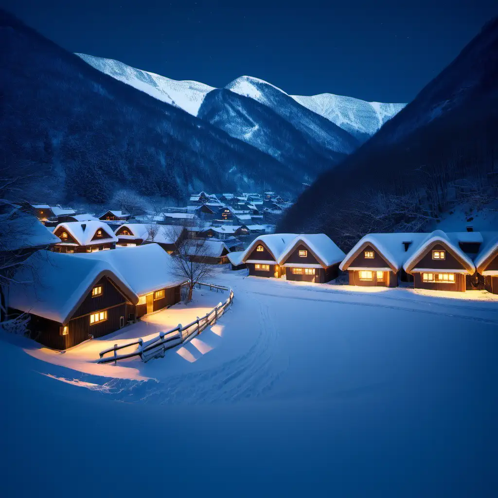 Cozy ThatchedRoof Houses in Snowy Mountain Night