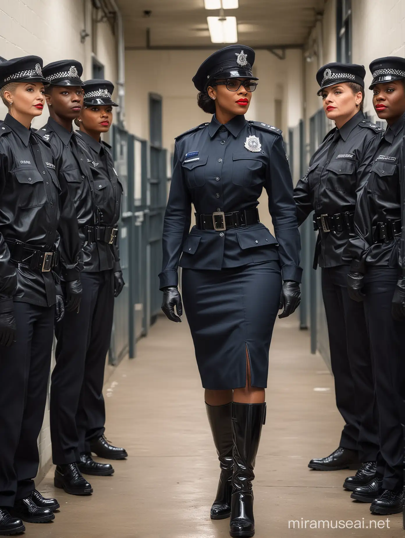 Confident Black Female British Police Officer Commands Obedience from Submissive Male Prisoners in Correctional Facility
