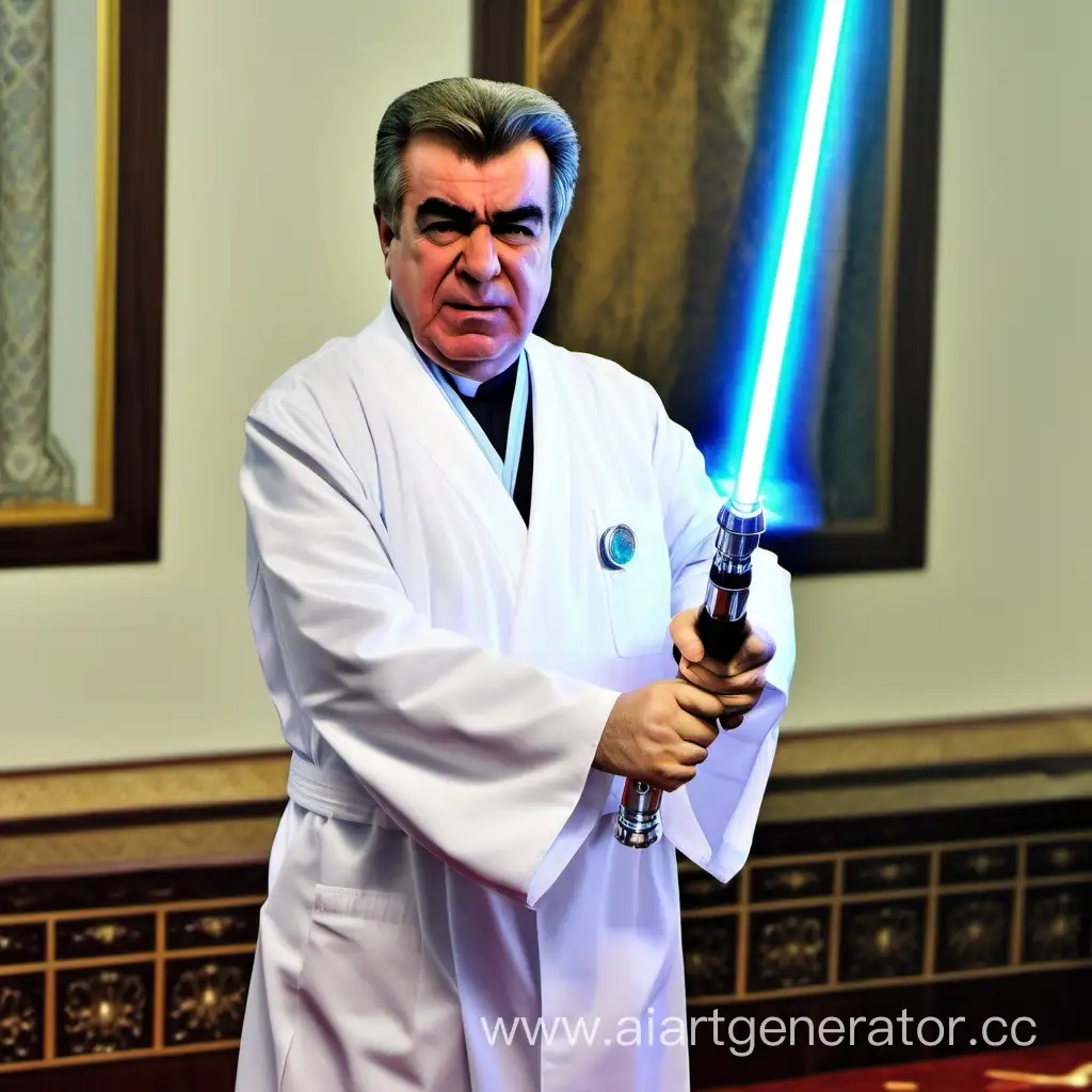 Президент Таджикистана Рахмонов одет в докторский халат держит световой меч