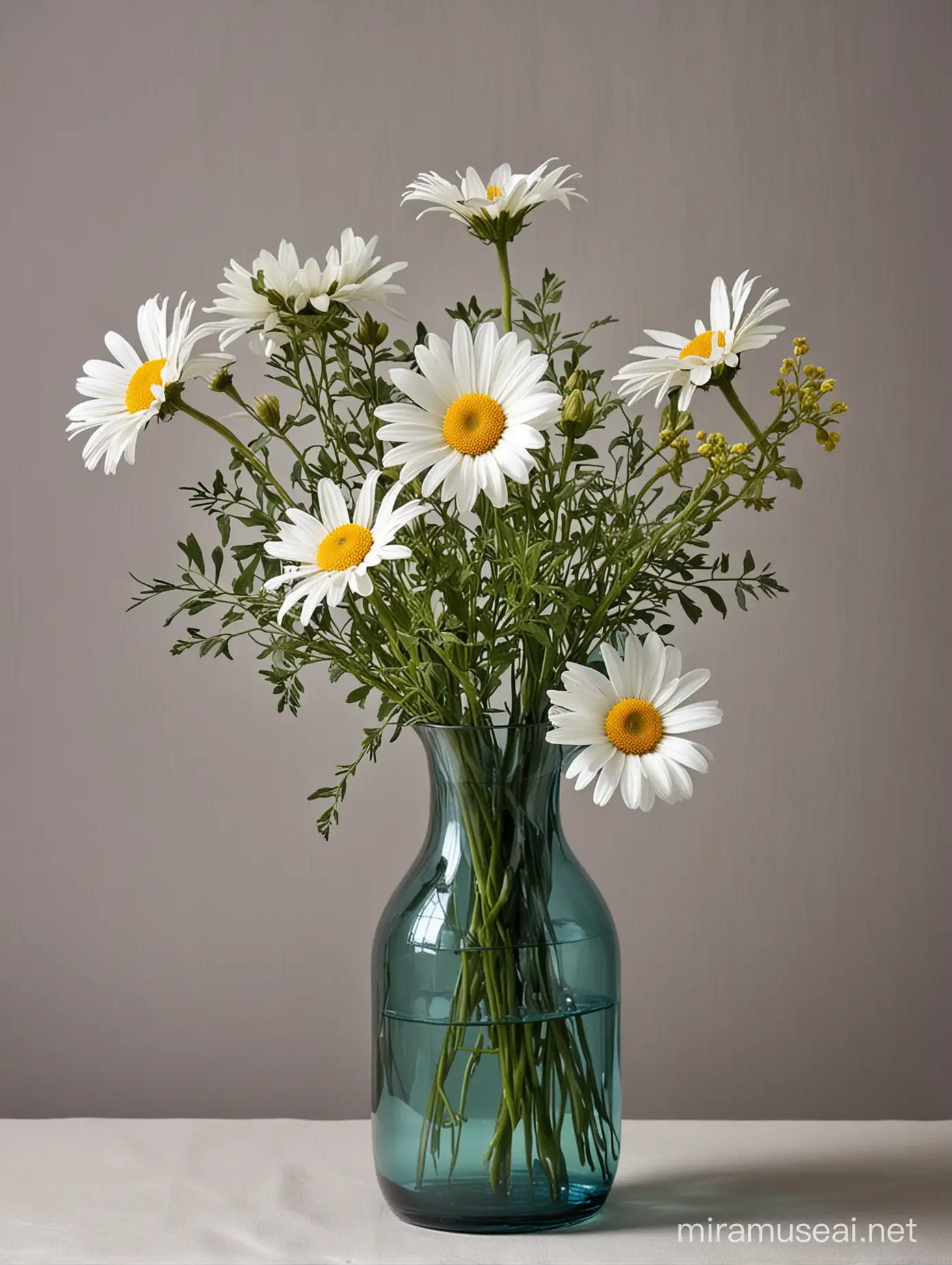 natural-big-1-daisy-MULTI COLORS-wild-flower-botanical-in-stylish-decorative-bluish-green-glass vase-with-drapery