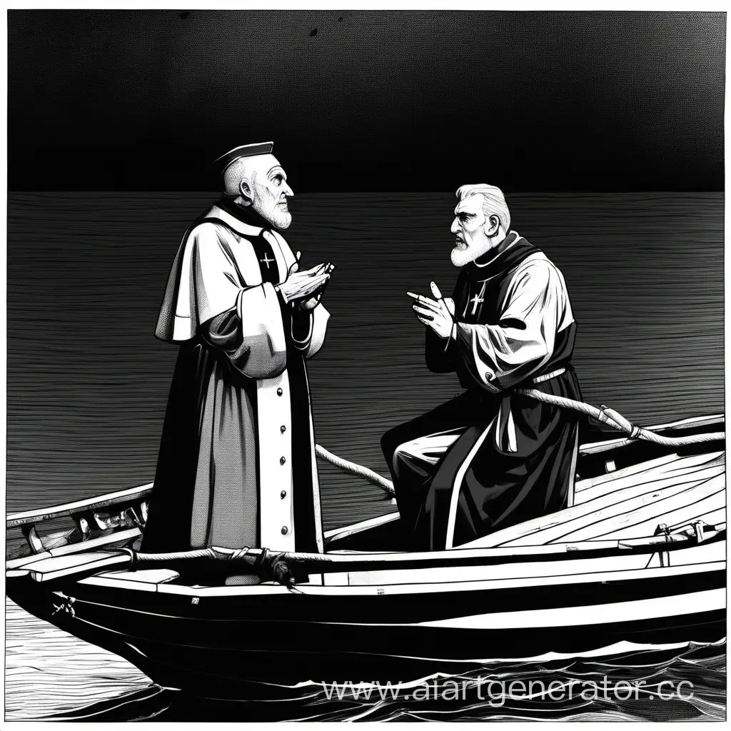 священник говорящий с капитаном в лодке