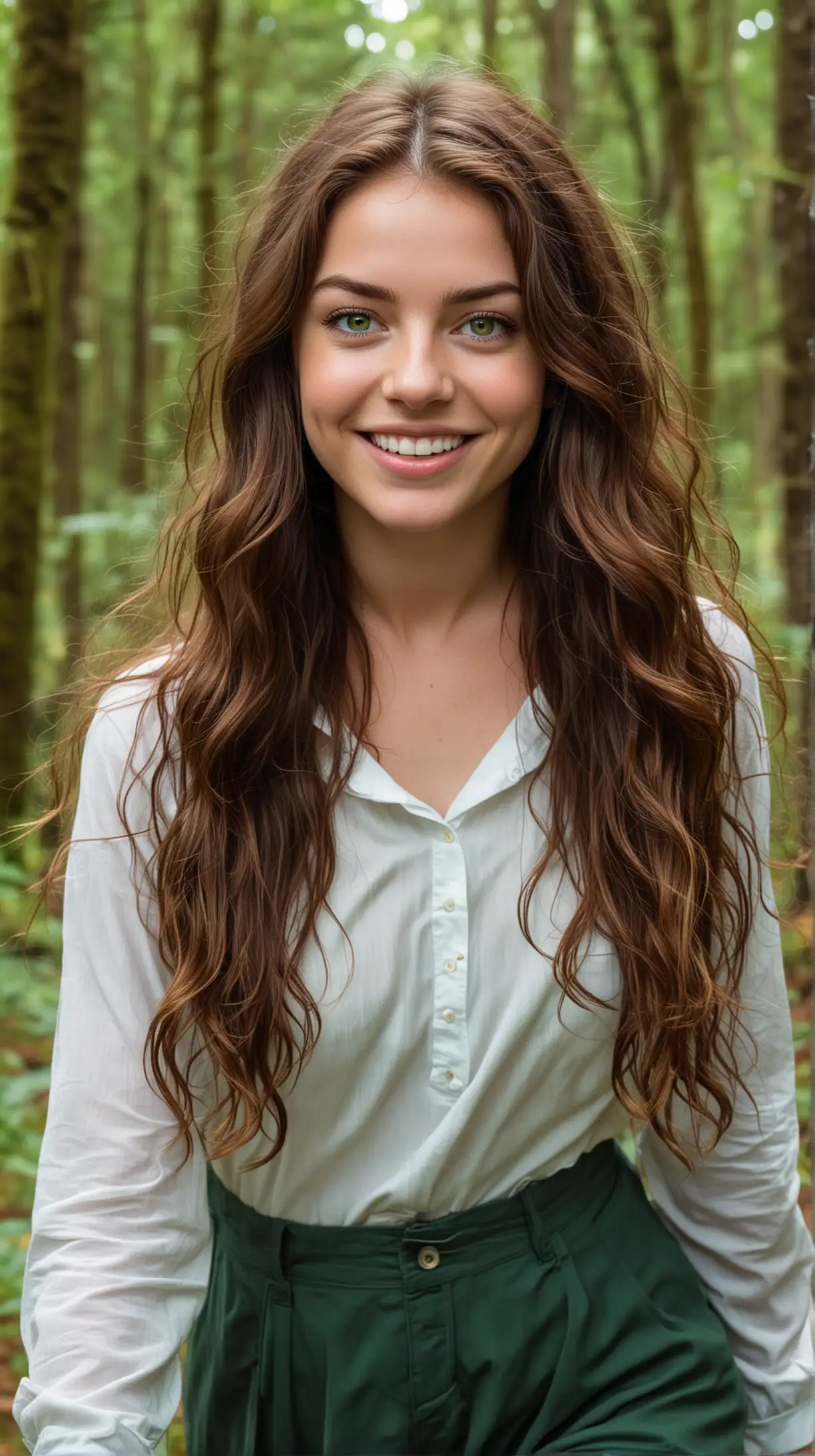 18-year-old girl Julie Roberts with long, wavy, dark-auburn hair, and intense green eyes. She is walking through the forest with a cheeky grin