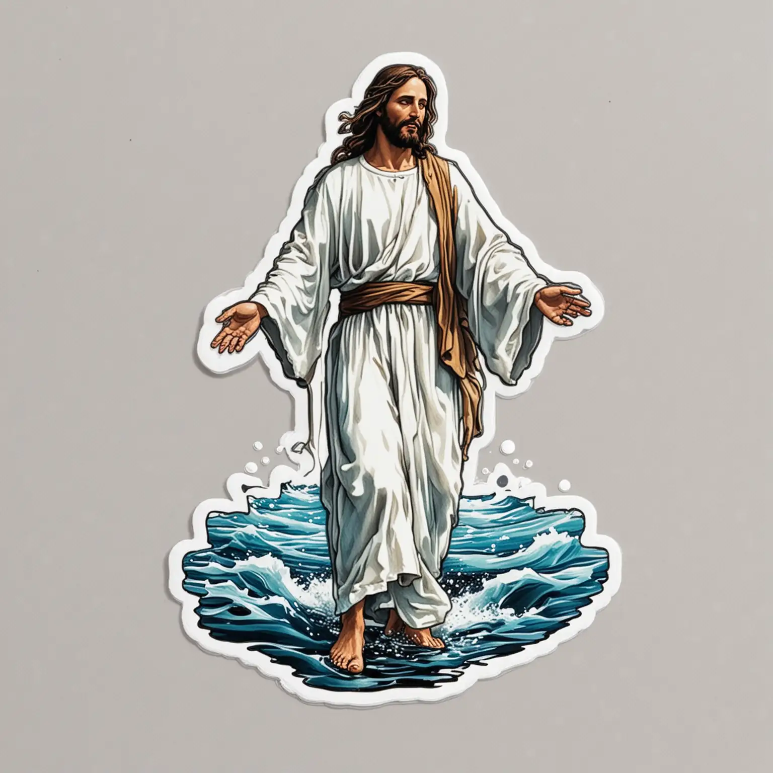 die cut sticker, jesus walking on water, white background