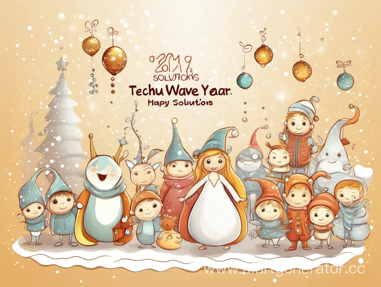 Нарисуй поздравительная открытка с новогодним настроением и сказочными персонажами от "techwave solutions"