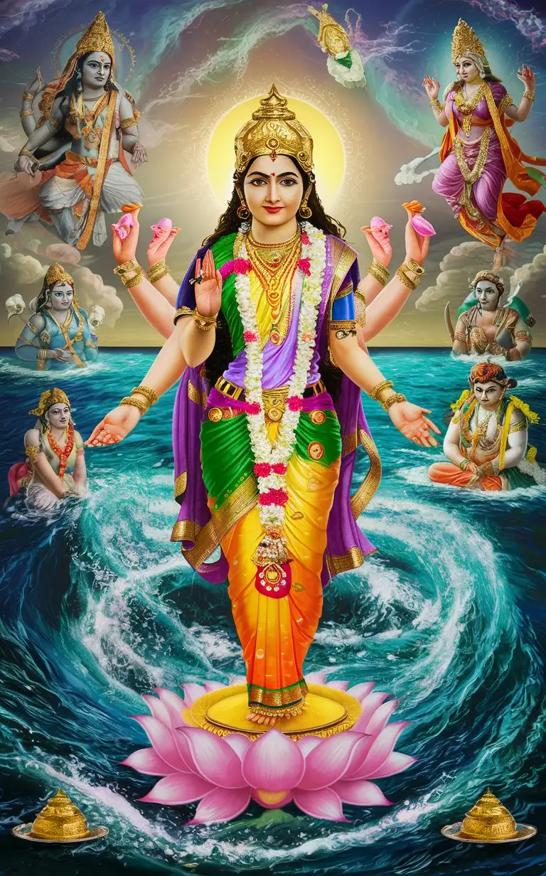 Create an image depicting the emergence of Mahalakshmi, the goddess of wealth and prosperity, from the churning of the ocean, with celestial beings surrounding her.