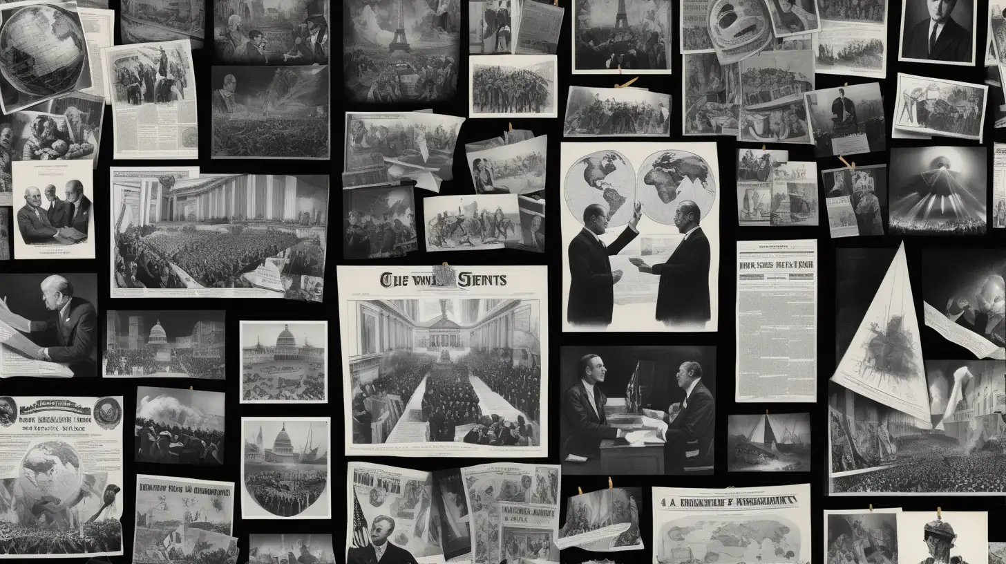 a collage of illustrated world events in black and white, conspiracy