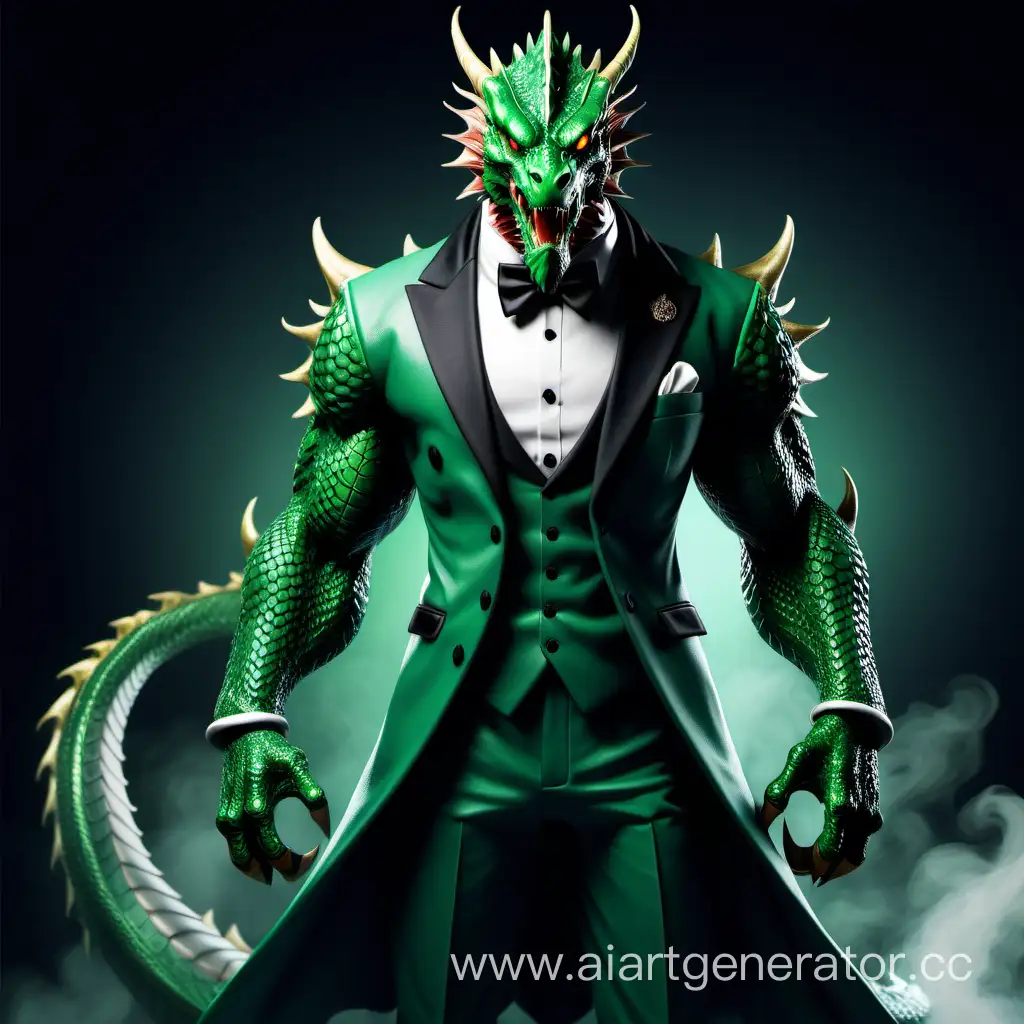 Зелёный Дракон войн тело накаченого человека в смоктнге с бородой 
