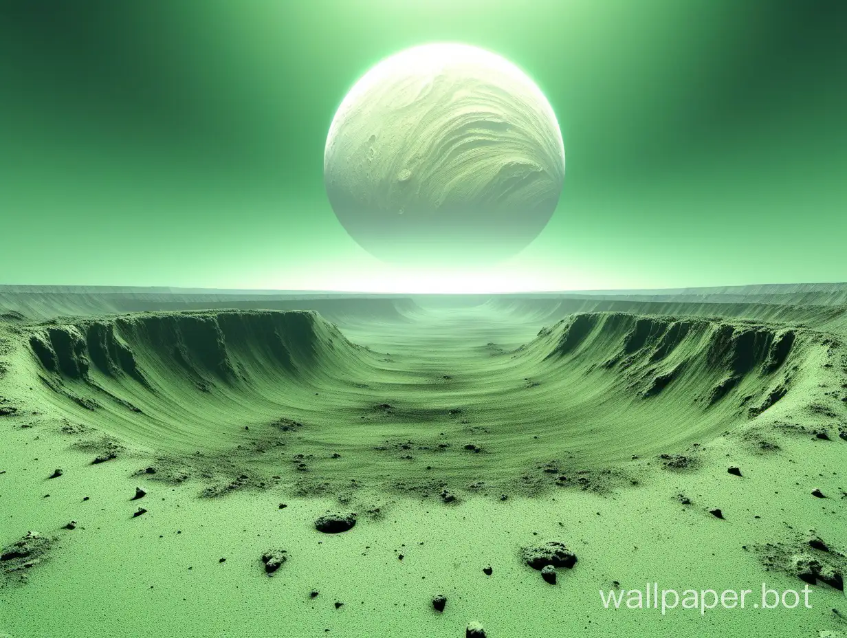 Desolate planetary landscape with a crater under a gently green sky with sparse clouds