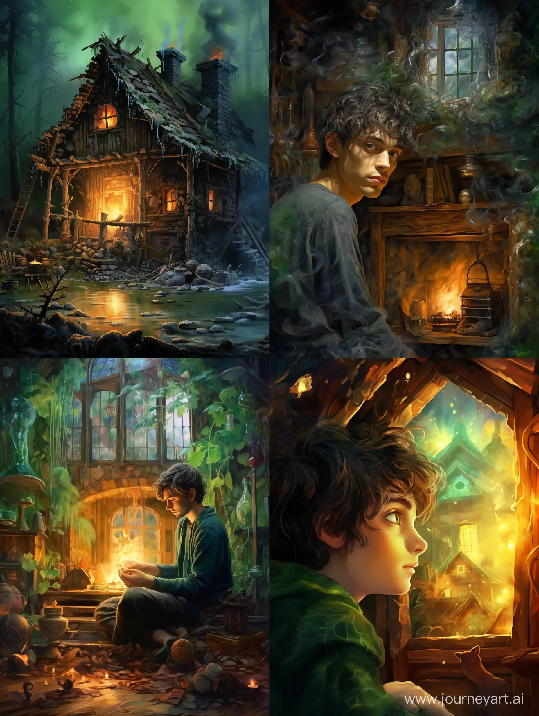 Enchanting-Log-Cabin-Scene-Photorealistic-Oil-Painting-with-BrownEyed-Young-Man