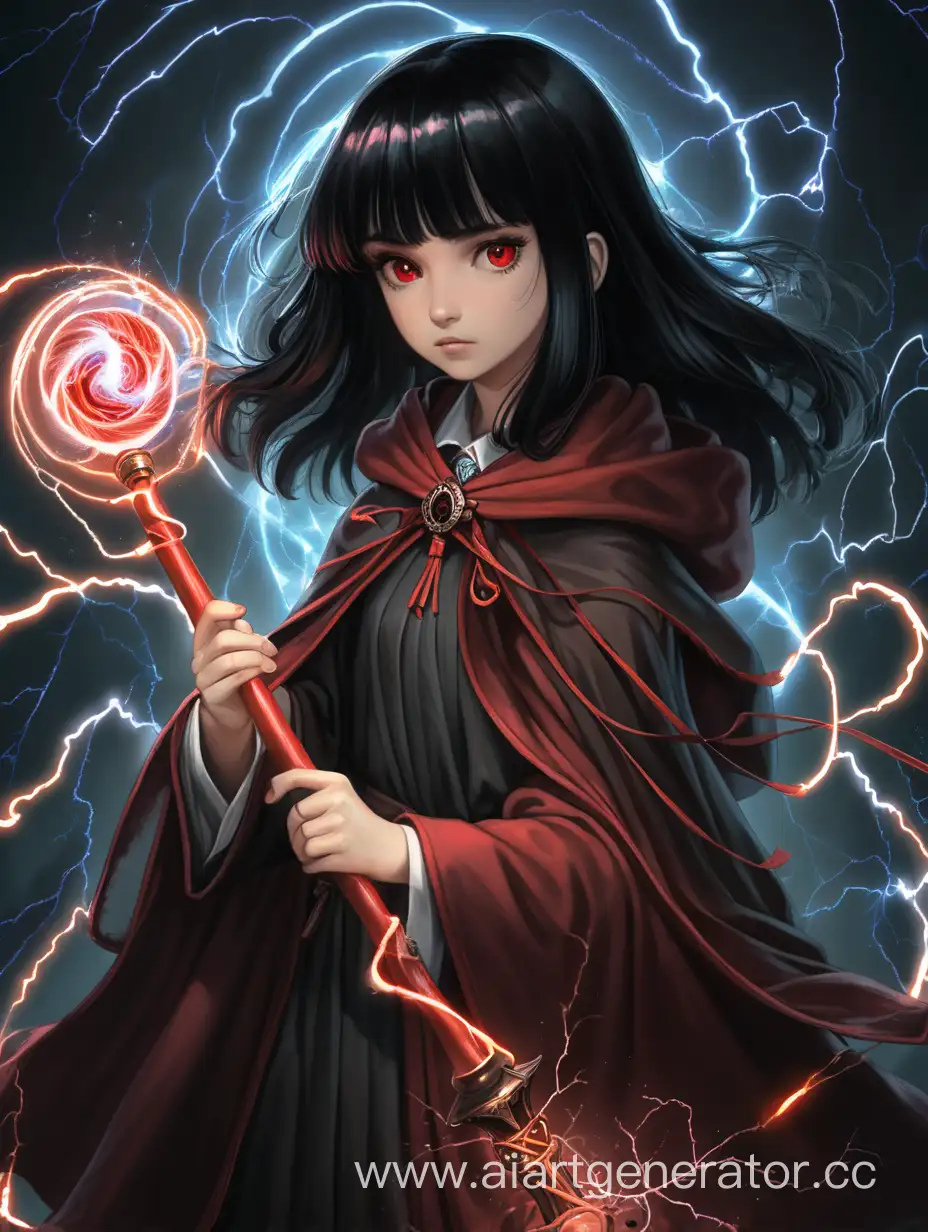 girl with black hair and red eyes, carrying a staff, wearing a cloak, surrounded by electricity magic