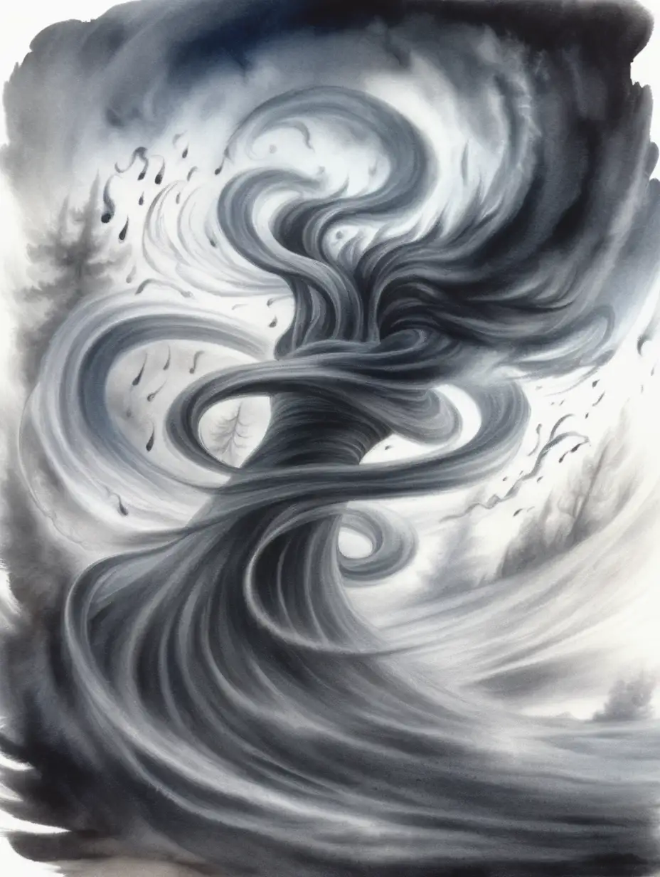 dark fantasy whirling tornado of ghostly spirits, dark watercolor drawing, no background