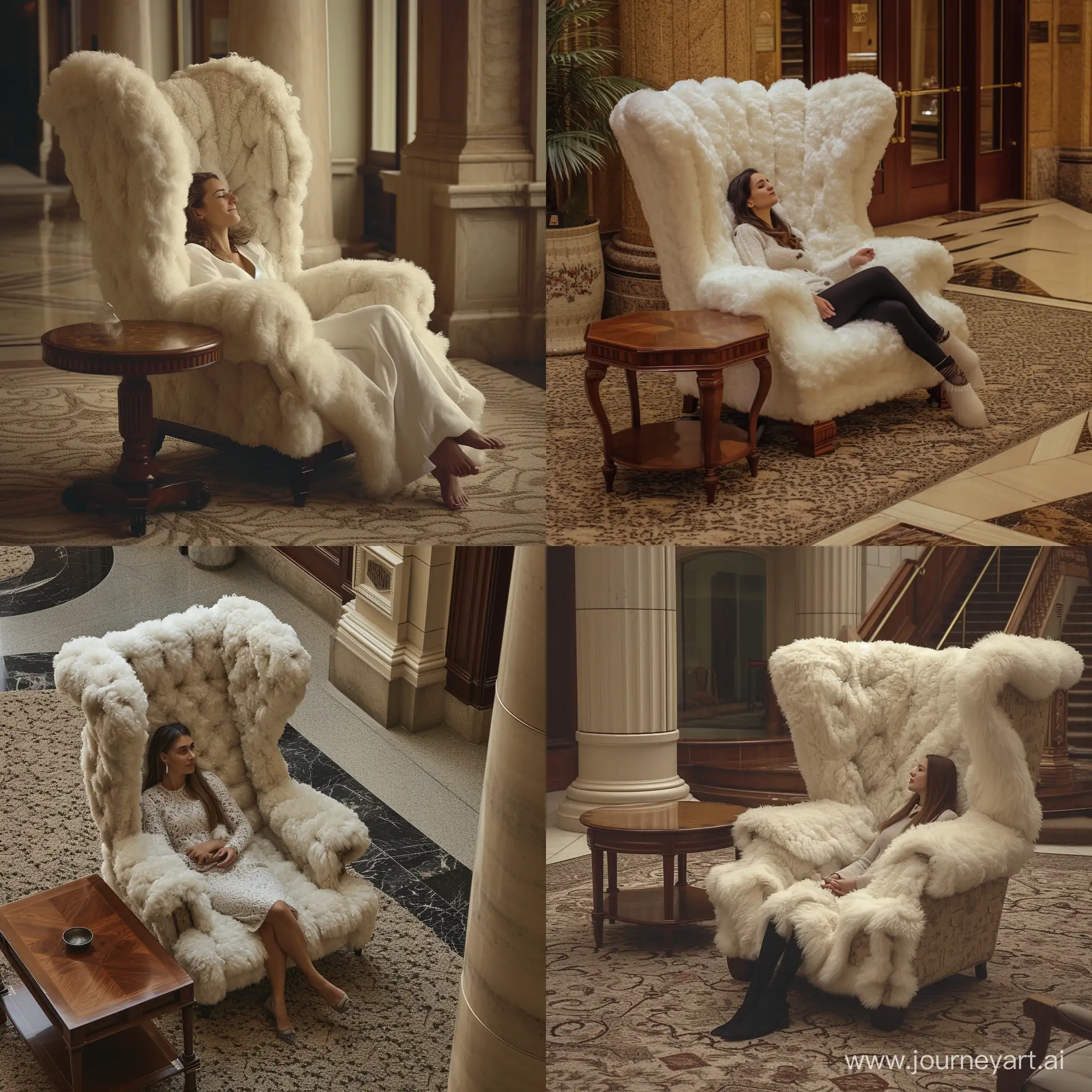 woman relaxing in a tall back neo-cosmic chesterfield arm chair made with thick white fur, a mahogany coffee table next to it,  a thick carpet under it, hotel lobby, focus on a air of comfort, loneliness and luxury  
