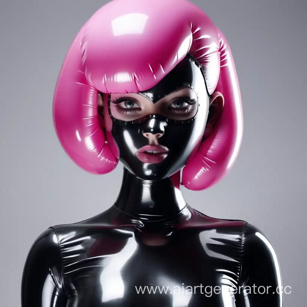 
Латексная девушка с надувной черной латексной кожей. С черным латексным лицом С розовыми надувными резиновыми волосами