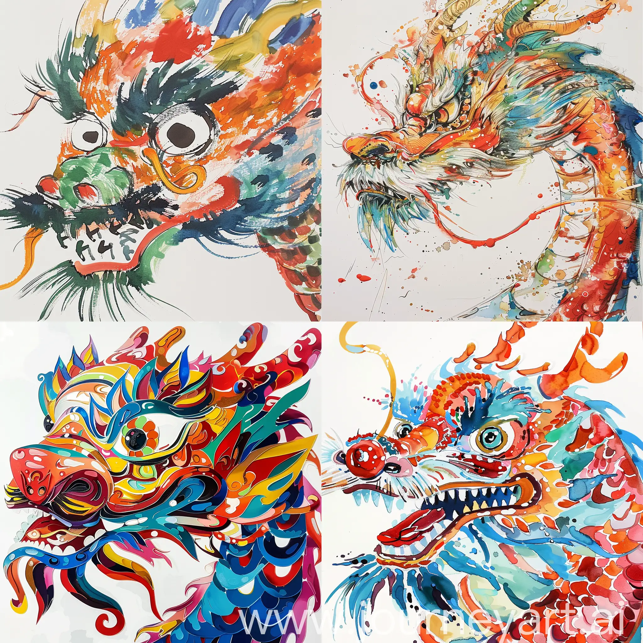 Chinese dragon painted by Wu Guanzhong, very cute Chinese dragon, Head close-up,n, abstract simple lines, illustration, Picasso, Multi-color, advanced color matching, white background, 18k