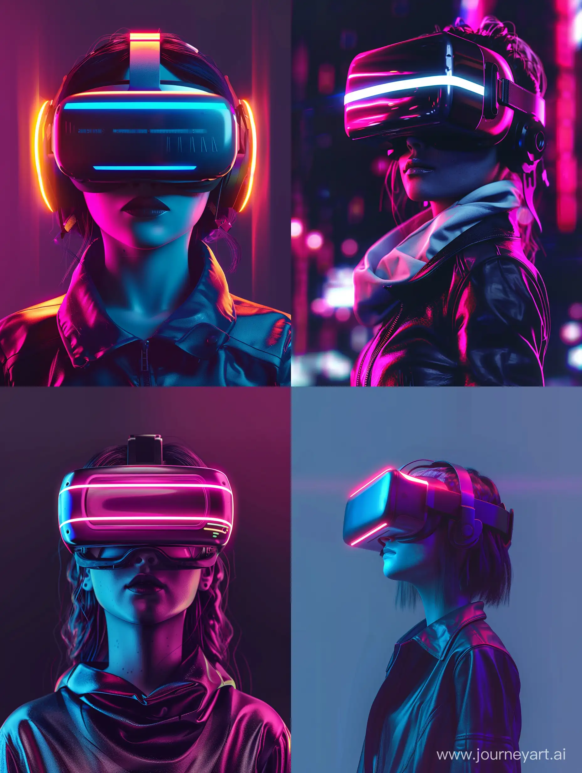 a girl animation character wearing a VR headset, cyberpunk theme, ultra-futuristic, subtle neon lighting.