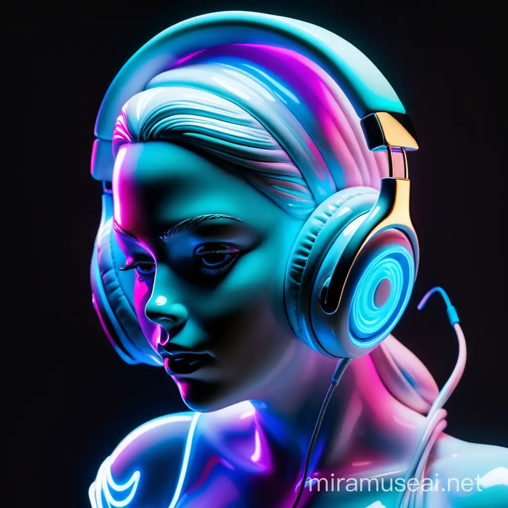 Produce a white shiny iridescent neon colored porcelain figure of a beautiful curvy feminine woman
Strong expression dynamic
She is wearing headphones 
portrait
Black background