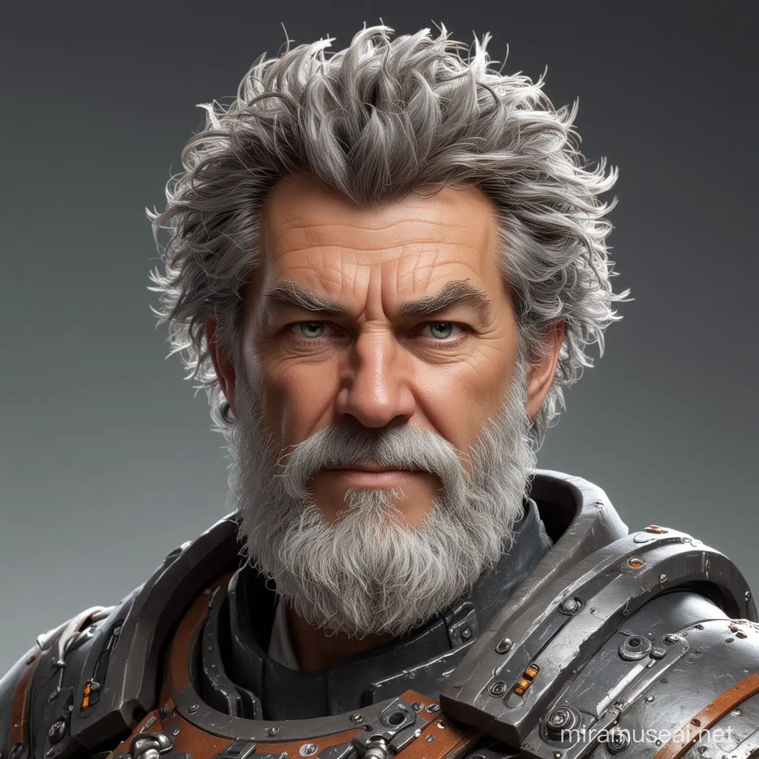 DND Artificer in his 60s. Short, gray, wild hair and bushy beard. Wearing heavy tech armor. Tough expression with a slight grin.