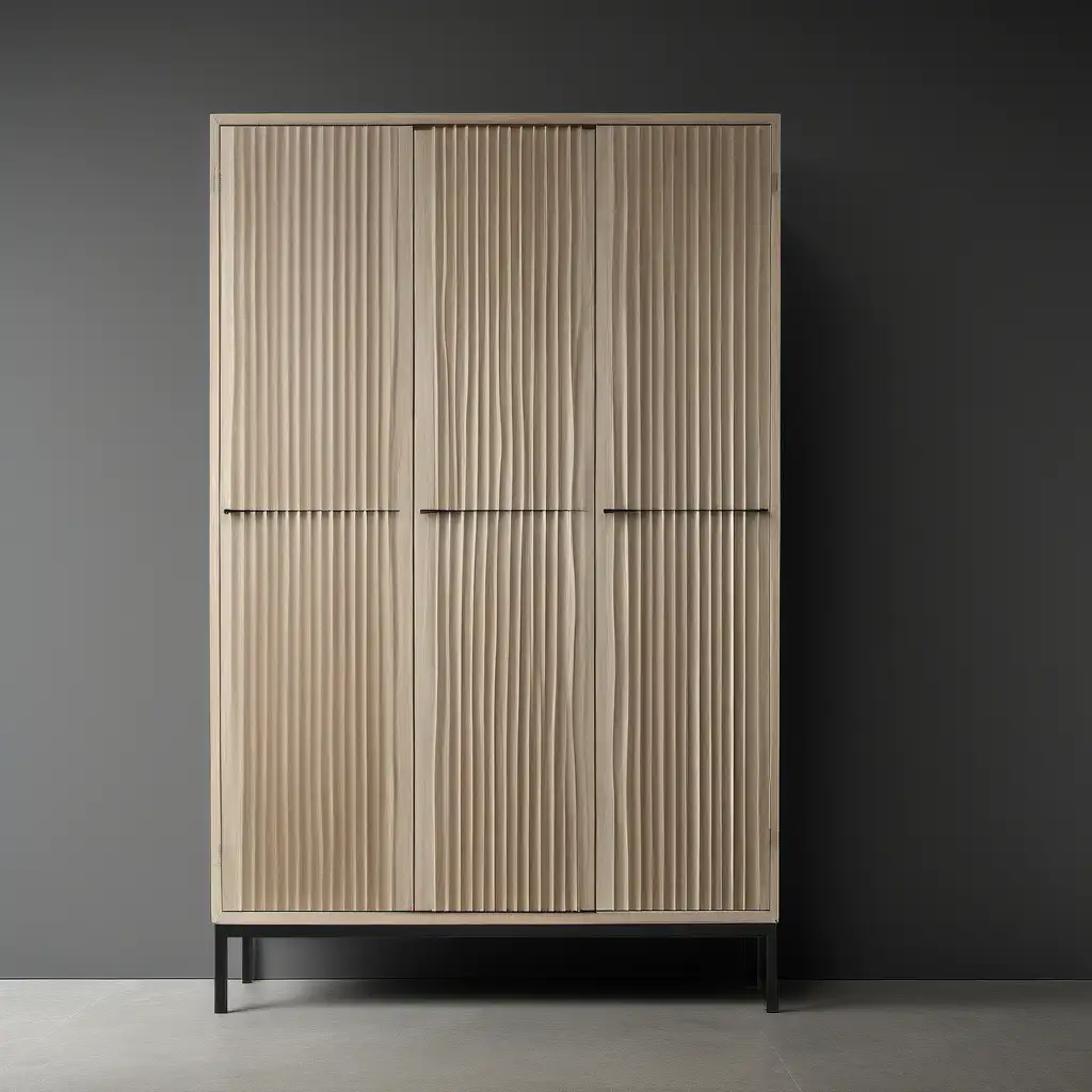 imagine a minimalist light wood tall cabinet, closed doors, 6 feet high, grey wall behind, fluted doors, metal legs