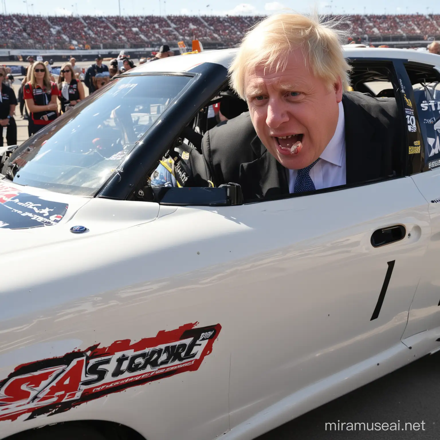 Boris Johnson verschlingt ein Nascar Auto