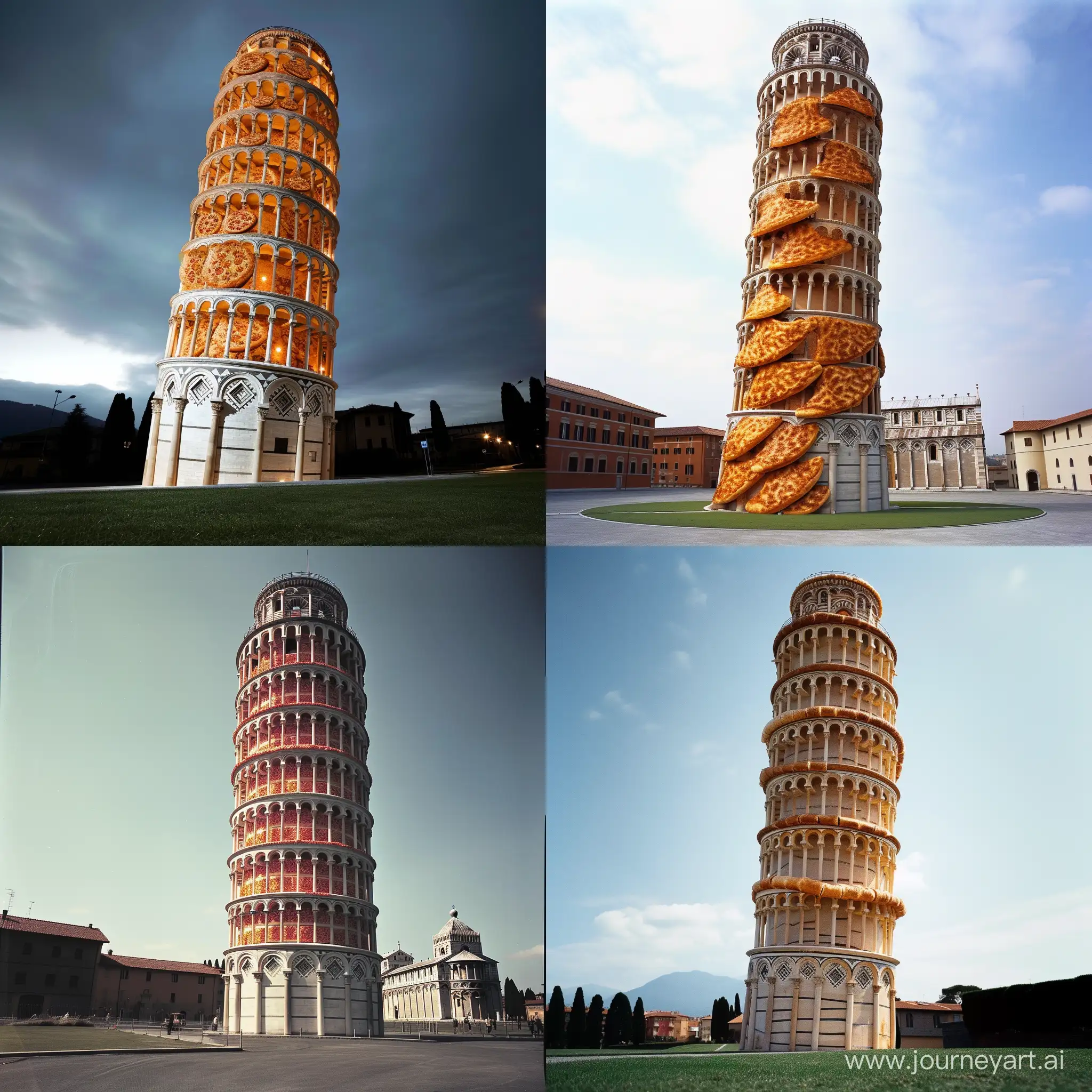 The leaning tower of pisa, constructed entirely from Pizzas --v 6 --ar 1:1 --no 50085