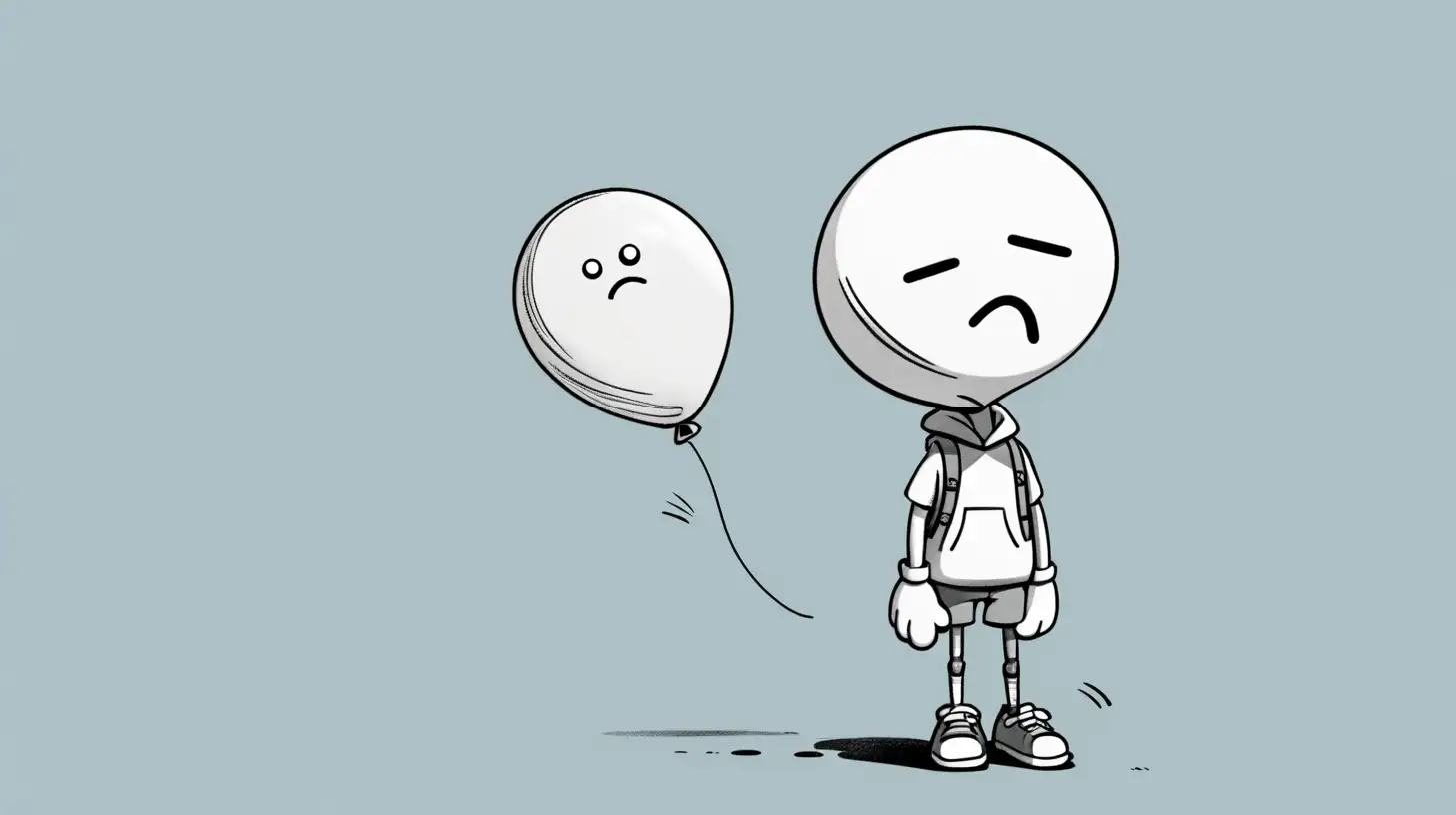 A sad animated character clutching a deflated balloon, symbolizing dashed hopes.