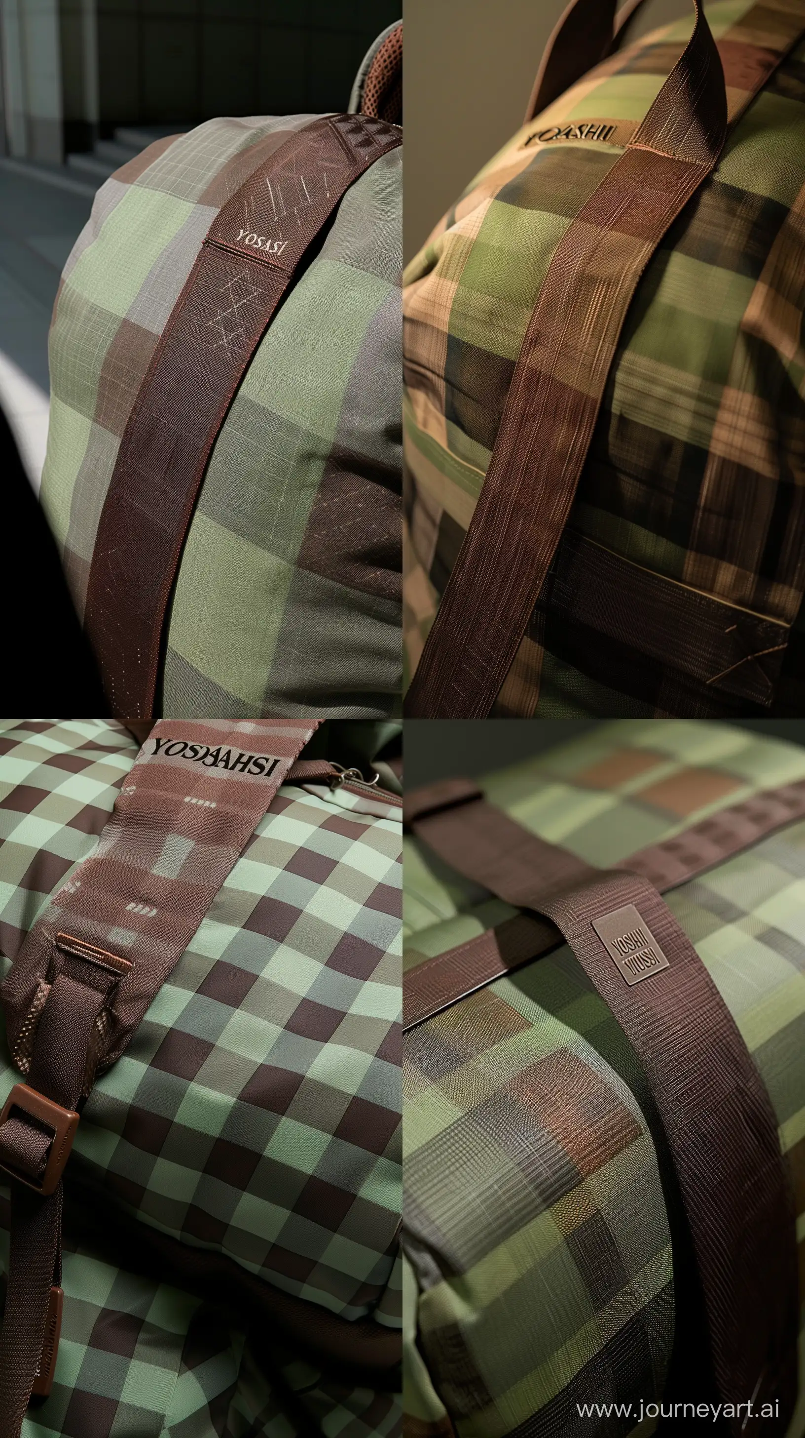 Product photography. Close-up of a The image features a large, green and brown checked backpack with a brown strap. The backpack has a unique design, with a checkered pattern on its surface. It appears to be a stylish and practical choice for carrying belongings. The backpack is positioned in the foreground of the image, with the brown strap clearly visible. With text "YOSASHI" It is placed at the top of the bag and engraved in it, which causes spacing and shadow --ar 9:16 --s 0 --style raw --v 6 