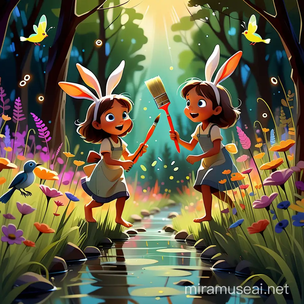 In a whimsical cartoon world, a delightful scene unfolds: children clutching paintbrushes, their eyes brimming with wonder, bring life to the world around them. With each stroke, vibrant hues splash across the canvas of their surroundings, transforming mundane landscapes into fantastical realms. Towering trees sway gracefully, their branches adorned with twinkling fireflies that illuminate the dusk. Mischievous rabbits frolic amidst fields of wildflowers, their soft fur glistening in the gentle sunlight filtering through the canopy above. A babbling brook meanders through the scene, its crystal-clear waters teeming with playful fish darting to and fro. Overhead, a menagerie of colorful birds flit and soar, leaving trails of shimmering feathers in their wake. In this enchanting tableau, the children are the architects of their own magical universe, where every stroke of their brushes breathes life into a world brimming with beauty and wonder.