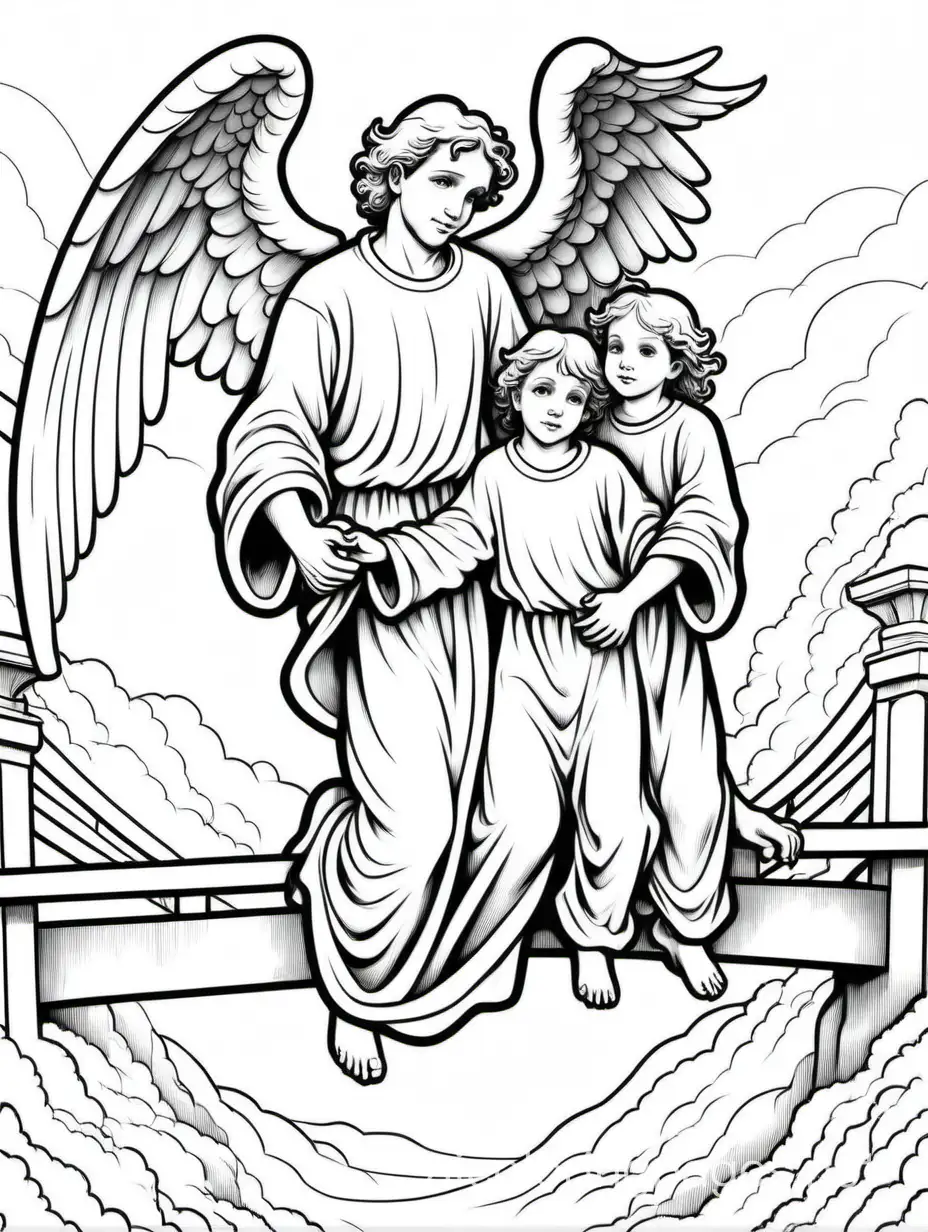 thin black lines, white background, a beautiful male angel protecting 2 children from falling over a bridge., Coloring Page, black and white, line art, white background, Simplicity, Ample White Space. The background of the coloring page is plain white to make it easy for young children to color within the lines. The outlines of all the subjects are easy to distinguish, making it simple for kids to color without too much difficulty