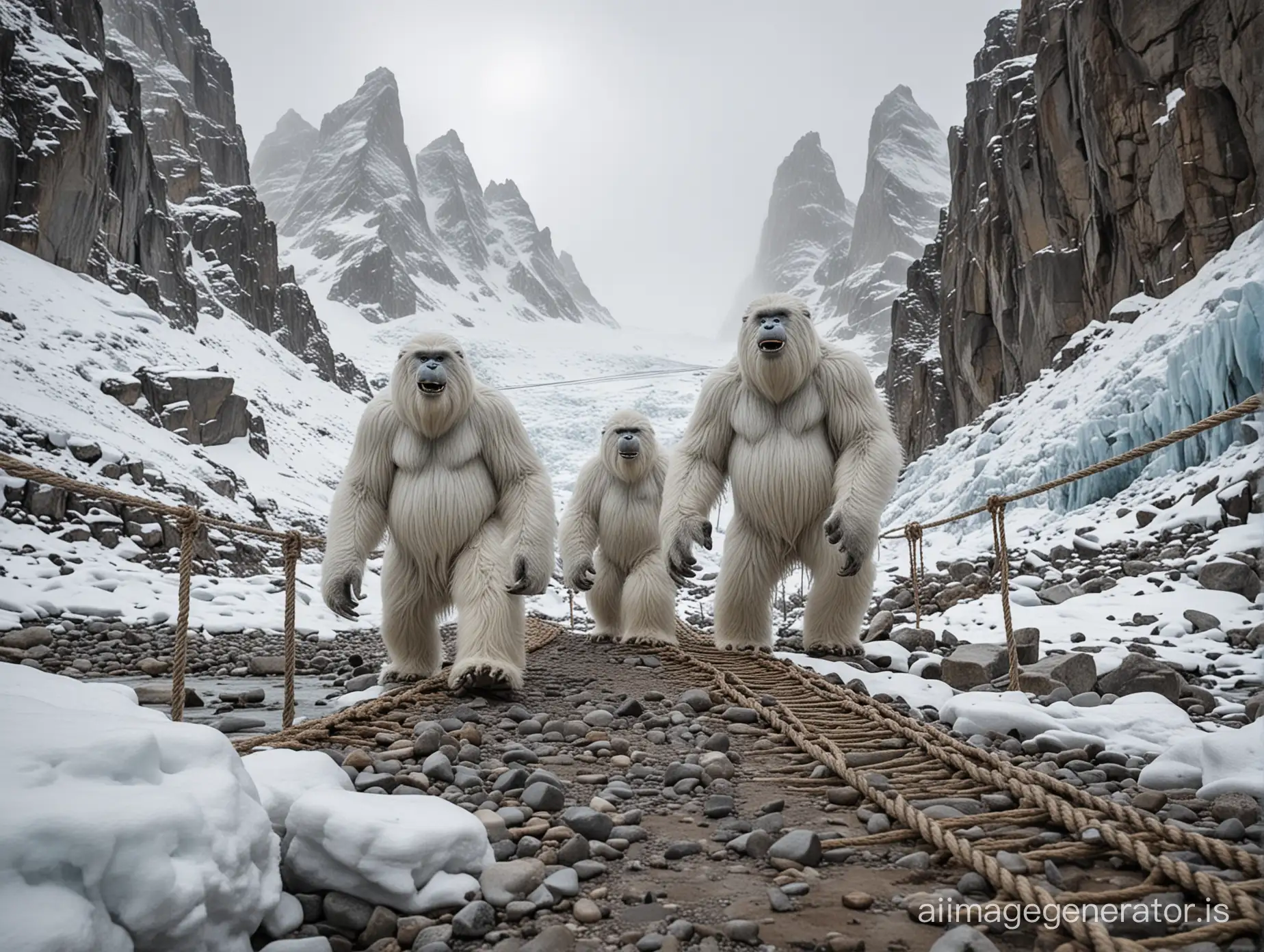 three large all Yeti hairy and white throwing rocks. snowy glacier mountain pass. rope bridges across deep crevasses in the background