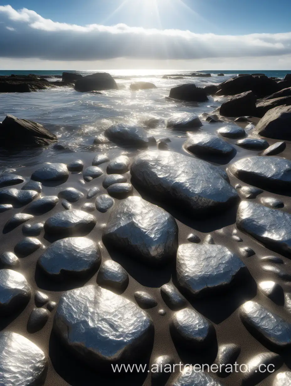 sea shore rocks, water glistens in the distance, silver rocks in the foreground, sunlight