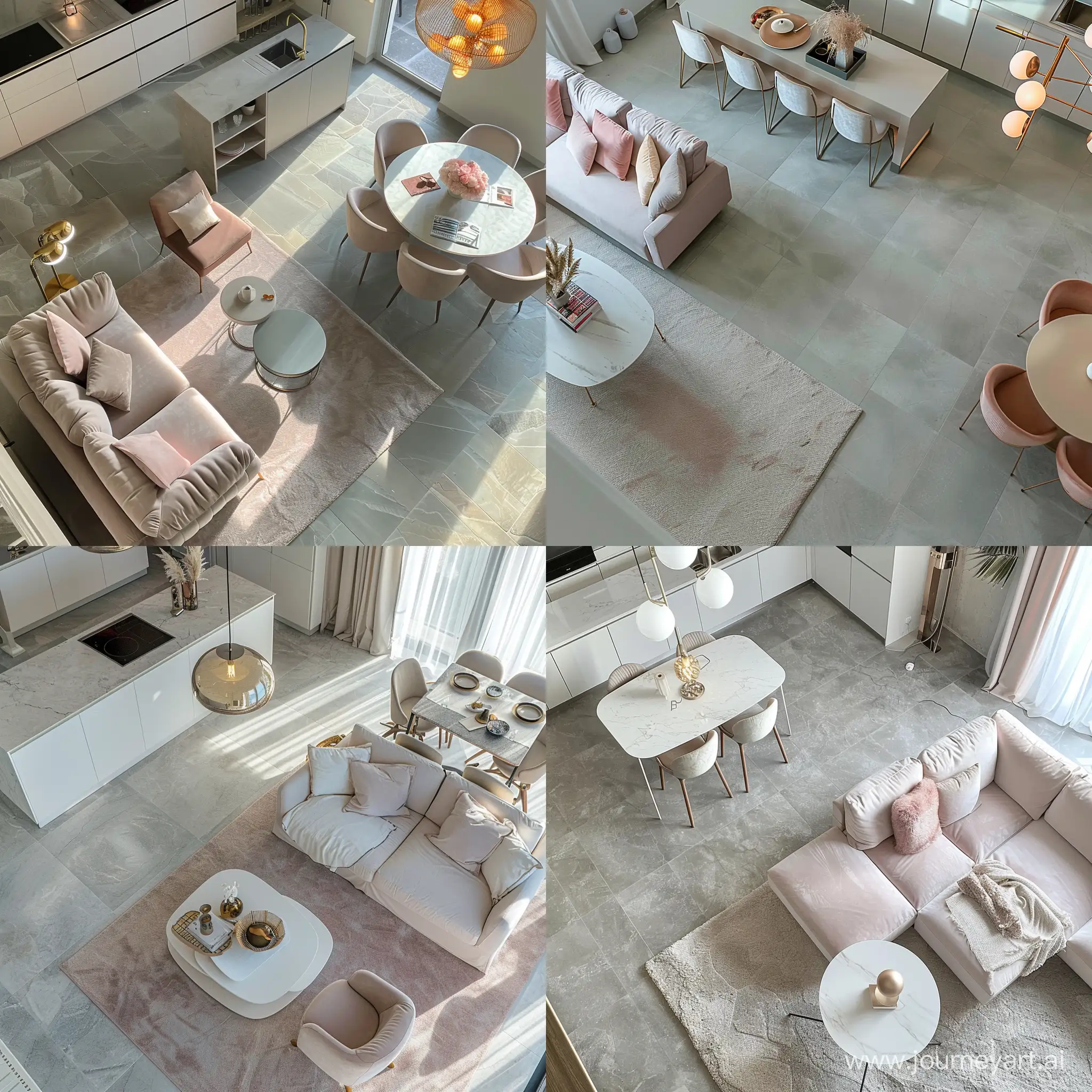 Foto di un soggiorno con cucina a vista Colori dominanti bianco e rosa. Pavimento gres grigio chiaro. Foto dall' alto. Dettaglio tappeto divano  tavolino da caffè  lampada di design, tavolino apparecchiato con 4 sedie. Luce del pomeriggio 
